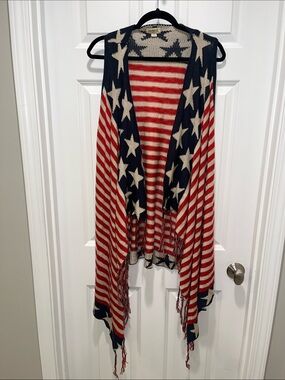 Fringe Flag shawl poncho duster stars stripes USA Memorial Day open cardigan